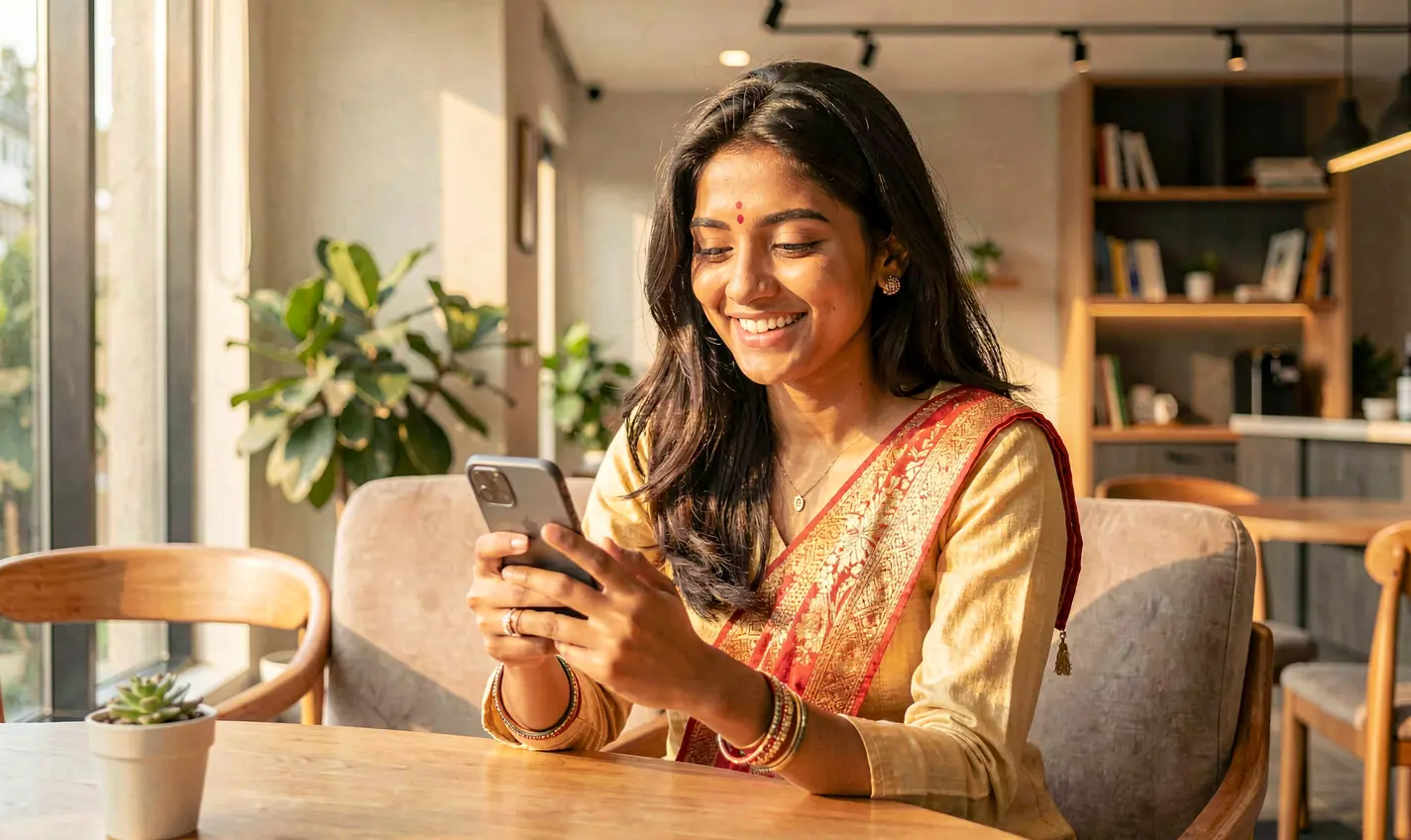 Beautiful Bangladeshi woman smiling while using the 36OK casino app on her smartphone in a warm and modern indoor setting