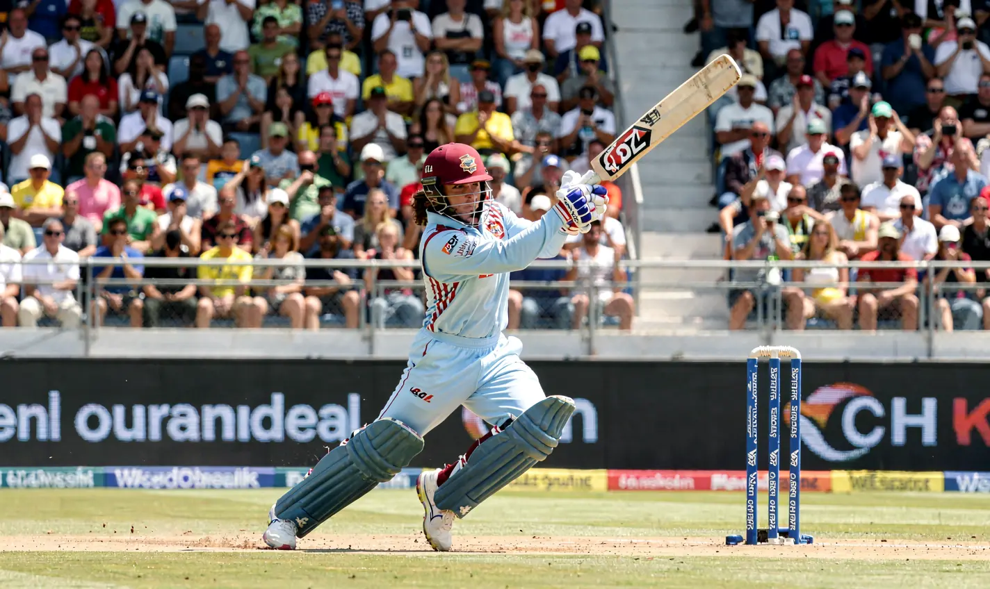 Dynamic cricket moment with a batsman playing an attacking shot in a packed stadium showcasing the thrill of live cricket betting with 36OK