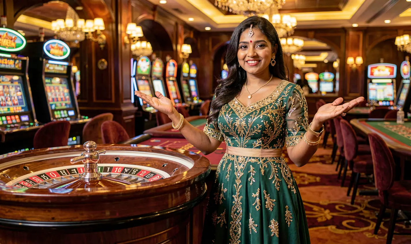Smiling Bangladeshi casino hostess welcoming players at a roulette table with glowing lights and a premium casino atmosphere on 36OK