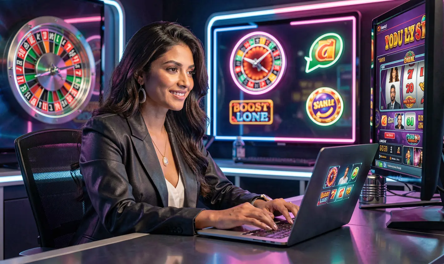 Confident Bangladeshi casino enthusiast playing advanced online games on a laptop with glowing roulette visuals at 36OK casino