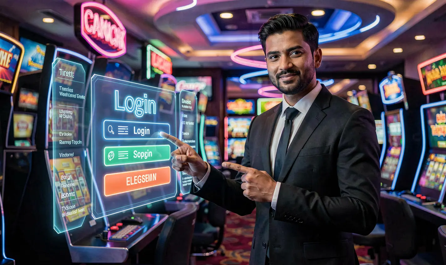 Confident Bangladeshi casino professional pointing at a bright digital login screen inside the immersive 36OK casino platform