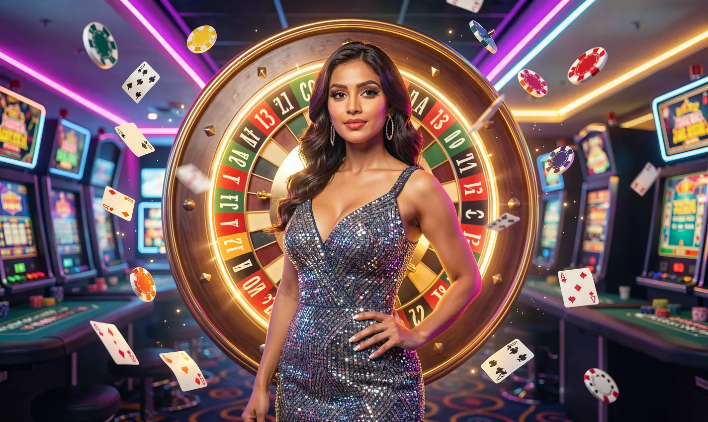 Elegant casino model standing in front of a glowing roulette wheel with flying chips representing the thrilling live casino atmosphere of 36OK in Bangladesh
