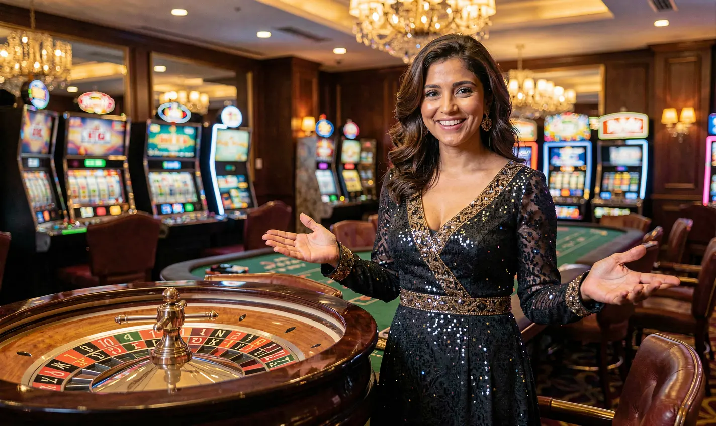 Elegant live casino hostess welcoming players at a roulette table with vibrant lights and a luxurious atmosphere representing the 36OK online casino experience in Bangladesh