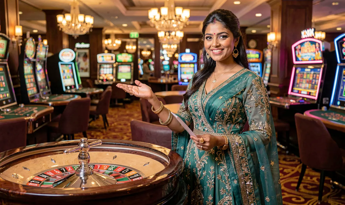 Elegant live casino hostess standing by a roulette table in a luxury gaming hall representing the premium live dealer experience at 36OK Casino for Bangladeshi players
