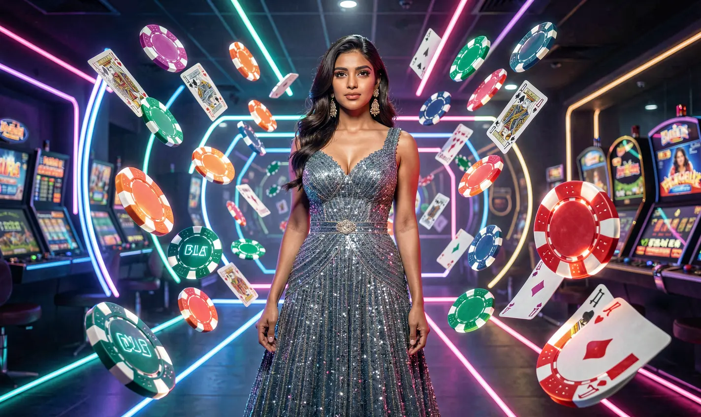 Confident woman surrounded by animated casino elements like cards and coins representing the excitement and high quality gaming environment of 36OK casino in Bangladesh