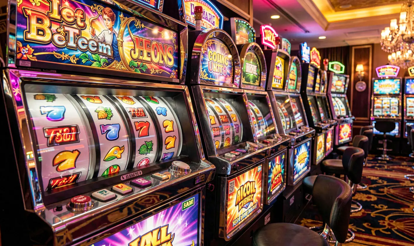 Close up view of classic casino slot machines with bright reels and neon lights highlighting the immersive slot experience at 36OK for players in Bangladesh